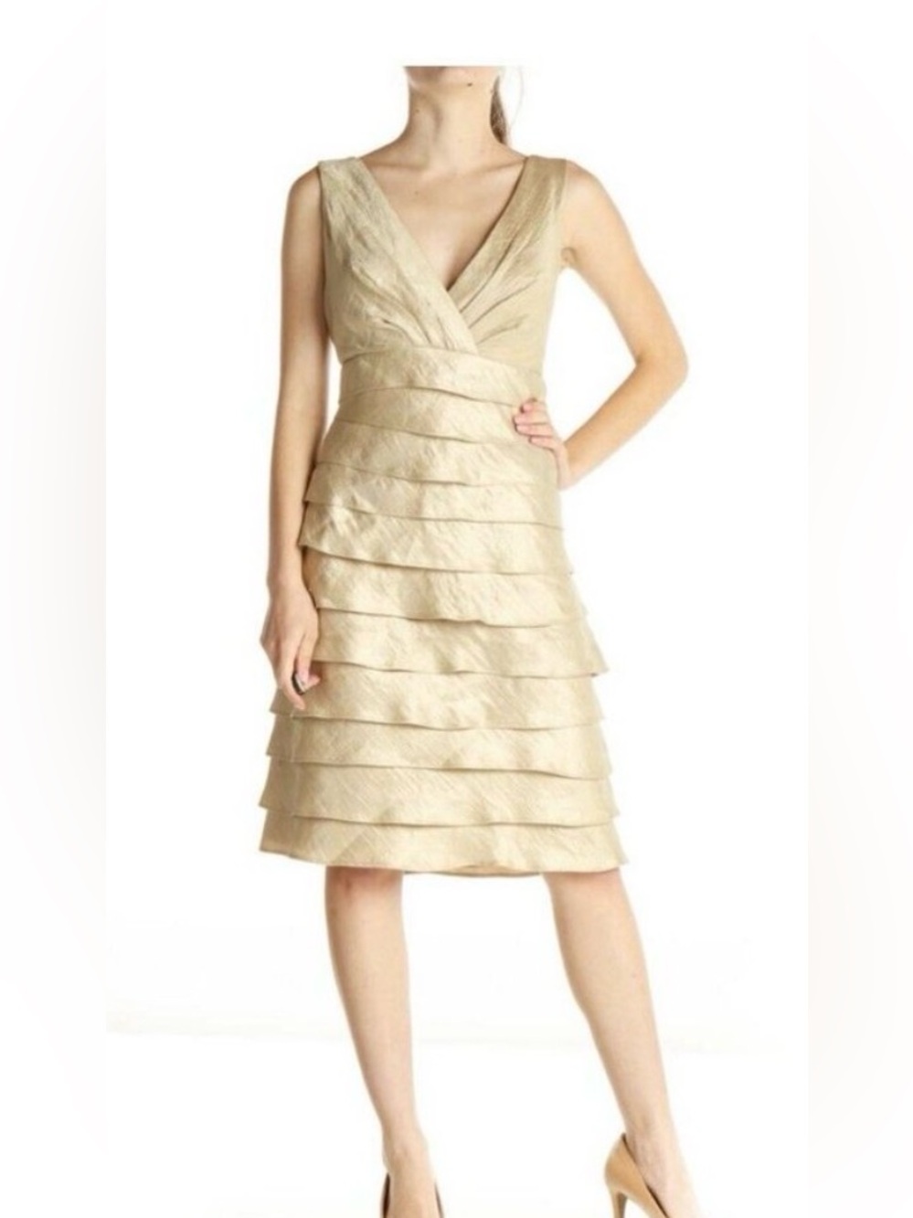 London Times Champagne Shimmer Tiered Midi V-Neck Pencil Cocktail Dress